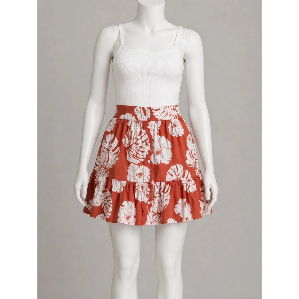 Women High Waisted Floral Mini Skirt Rust Orange white S - Picture 2 of 12